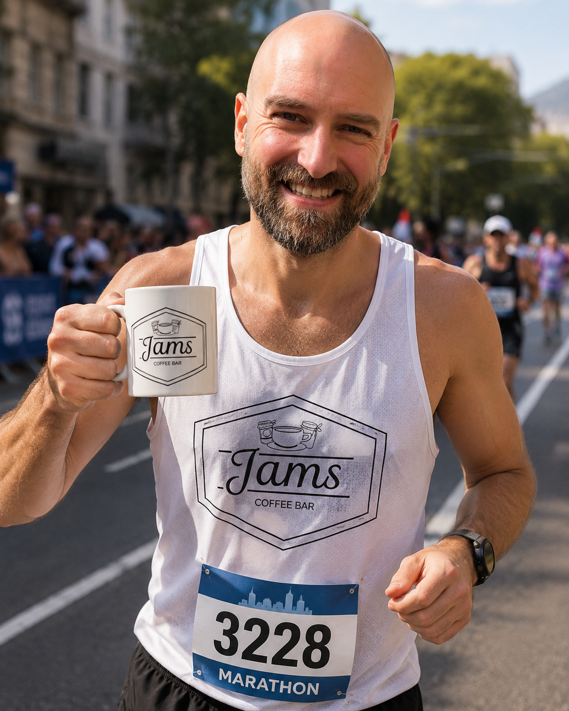 A runner in a Jams Coffee Bar tank top approaches a marathon finish line holding a coffee mug, wearing bib number 3228.